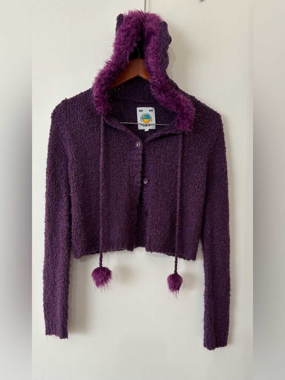 UNIF Women Fuku Purple Furry Cropped Hooded Pom-Pom Cardigan Size Small